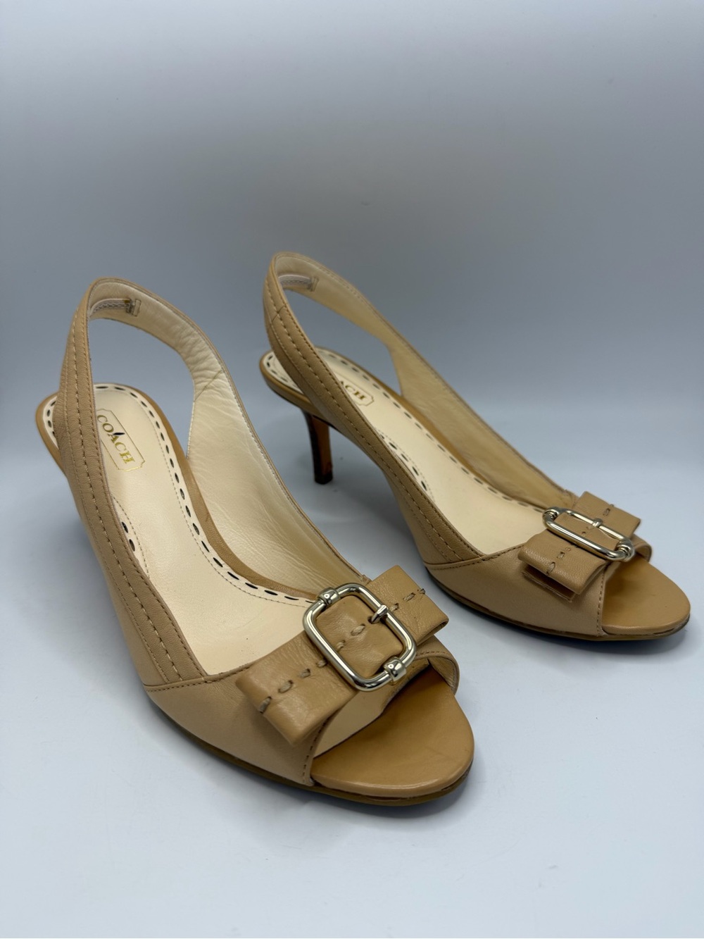 Coach Miranda Open Toe Nude Leather Slingback Heels Size 6.5 silver Buckle